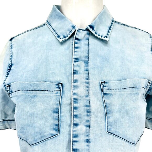 NEW HUDSON Girl Blue Crop Shirt Short Sleeve Raw Hem Snap Button Size Large - Picture 4 of 12